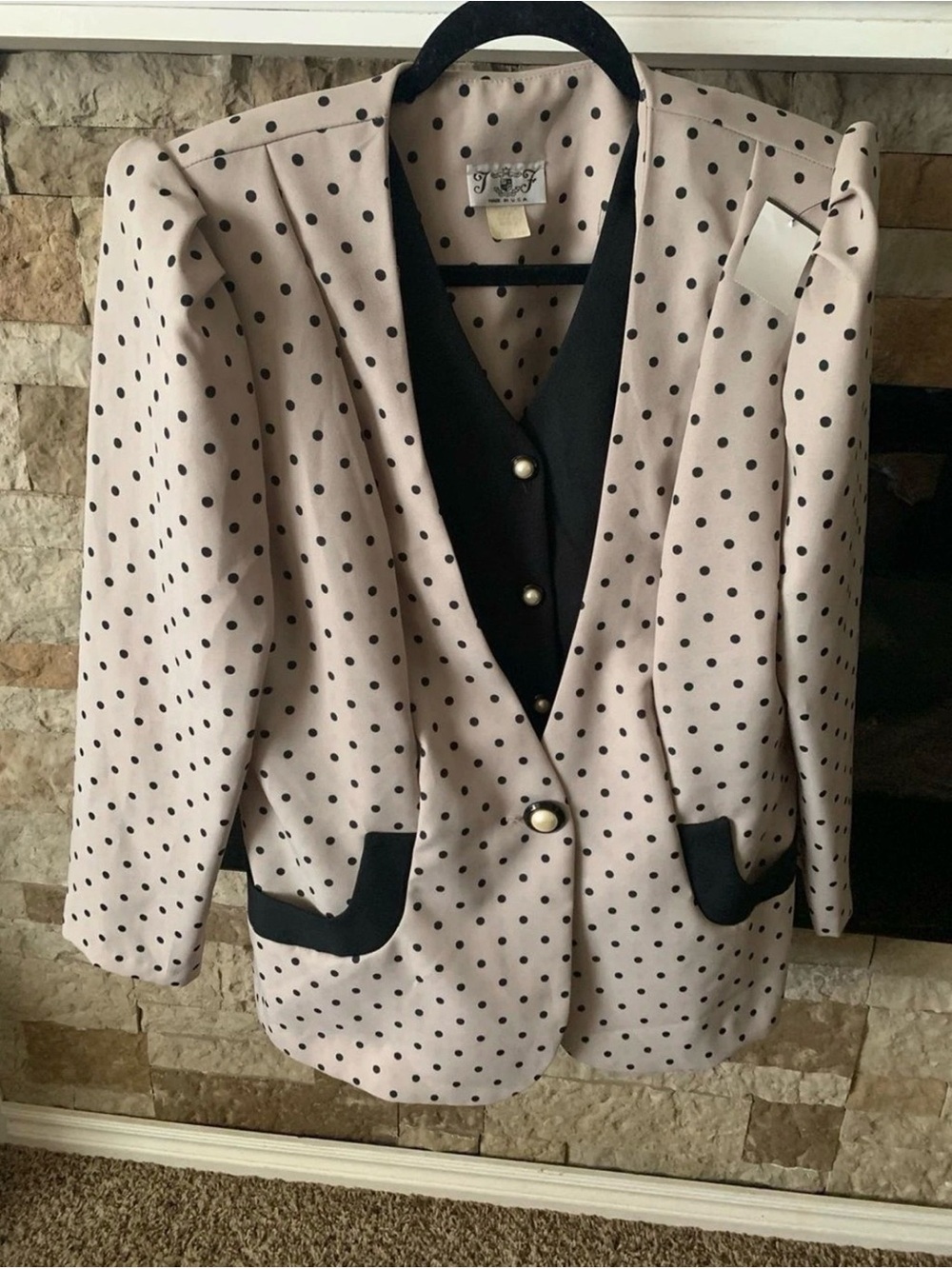 80s Polka Dot Blazer Jacket in Light Beige with Black Trim Pearl Buttons Banger